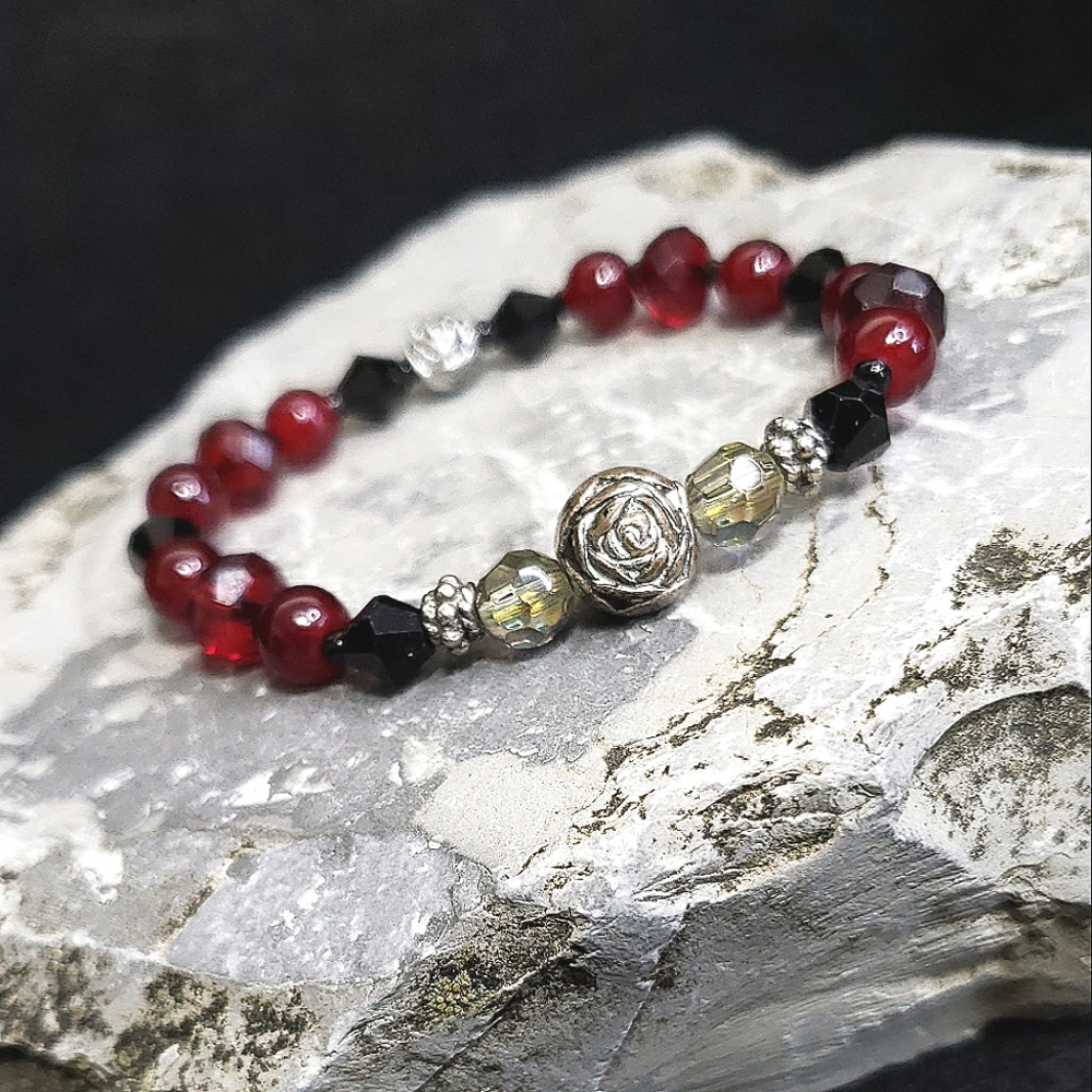 F16 Petite Wrist Blood Red Glass Bracelet Aurora Borealis Rose Handmade